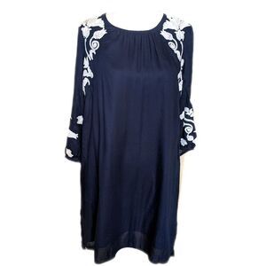 5/$55 Crown & Ivy, 100% modal, navy blue shirt dress w white floral embroidery S